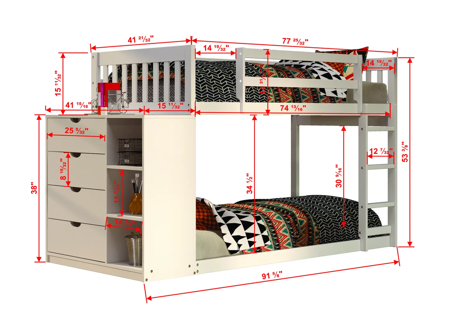 Kids Aklina White Twin/Twin Bunk Bed with Dresser - Thumbnail - Image 4