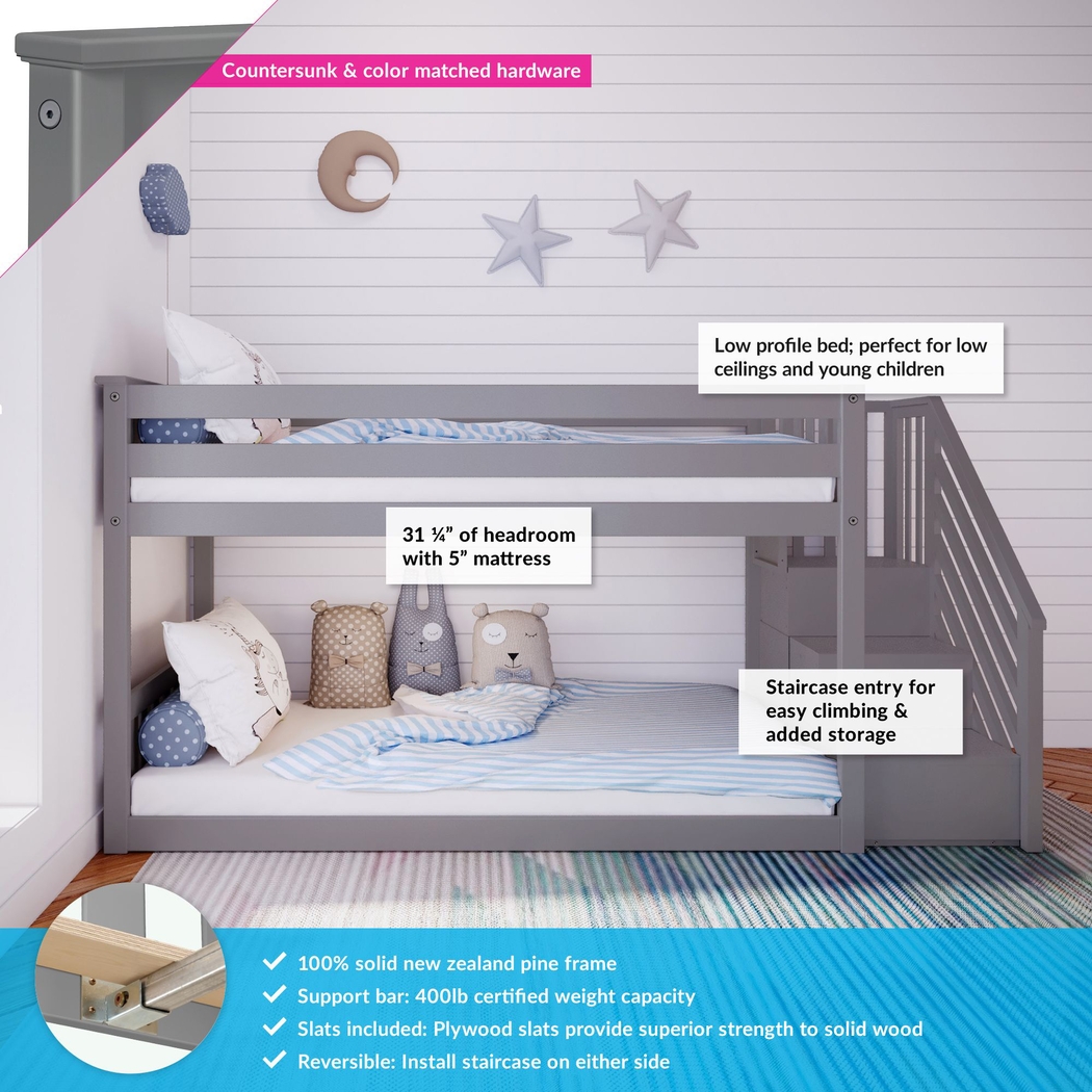 Kids Alejo Gray Twin/Twin Low Bunk Bed with Staircase - Thumbnail - Image 2
