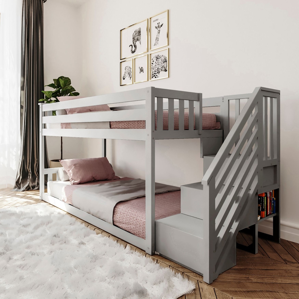 Kids Alejo Gray Twin/Twin Low Bunk Bed with Staircase - Thumbnail - Image 1