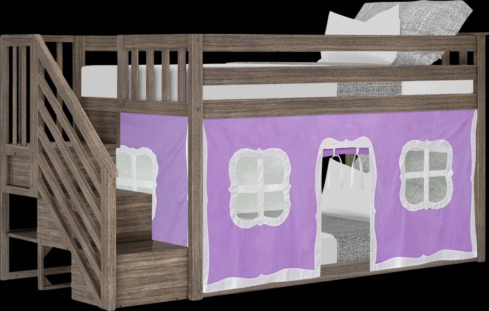 Kids Alekos Brown Twin/Twin Low Bunk Bed with Staircase and Purple Tent - Thumbnail - Image 2