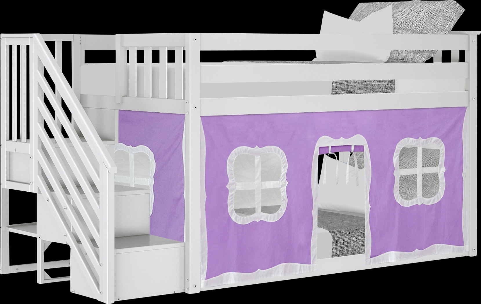 Kids Alekos White Twin/Twin Low Bunk Bed with Staircase and Purple Tent - Thumbnail - Image 2