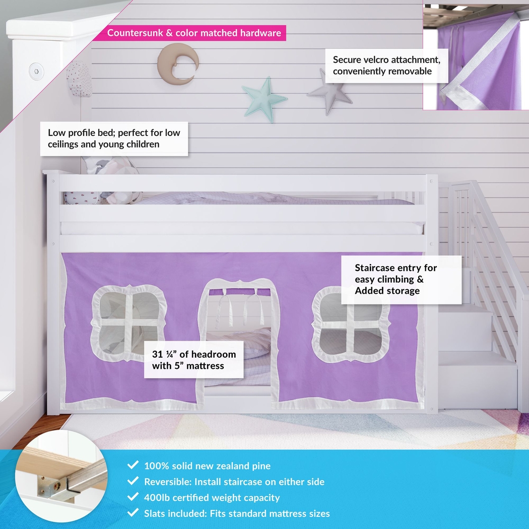 Kids Alekos White Twin/Twin Low Bunk Bed with Staircase and Purple Tent - Thumbnail - Image 3