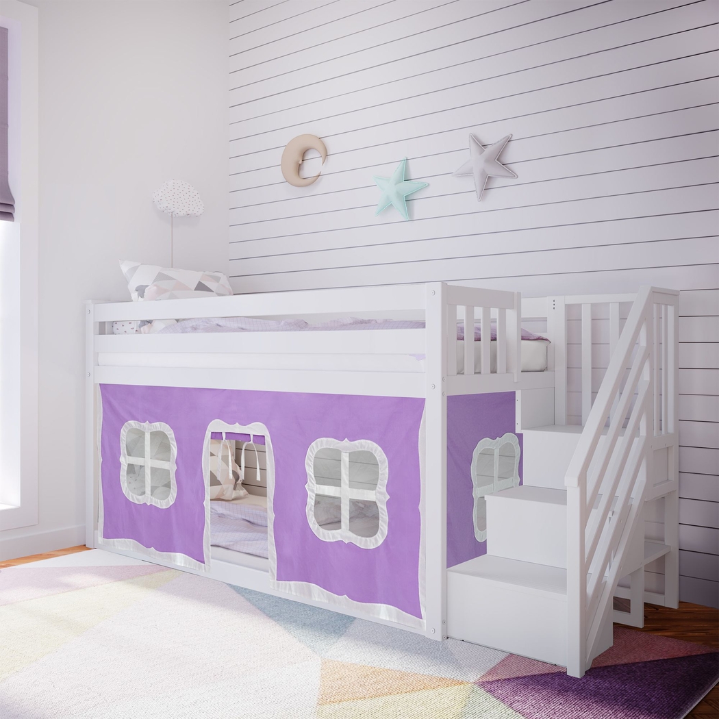 Kids Alekos White Twin/Twin Low Bunk Bed with Staircase and Purple Tent - Thumbnail - Image 1