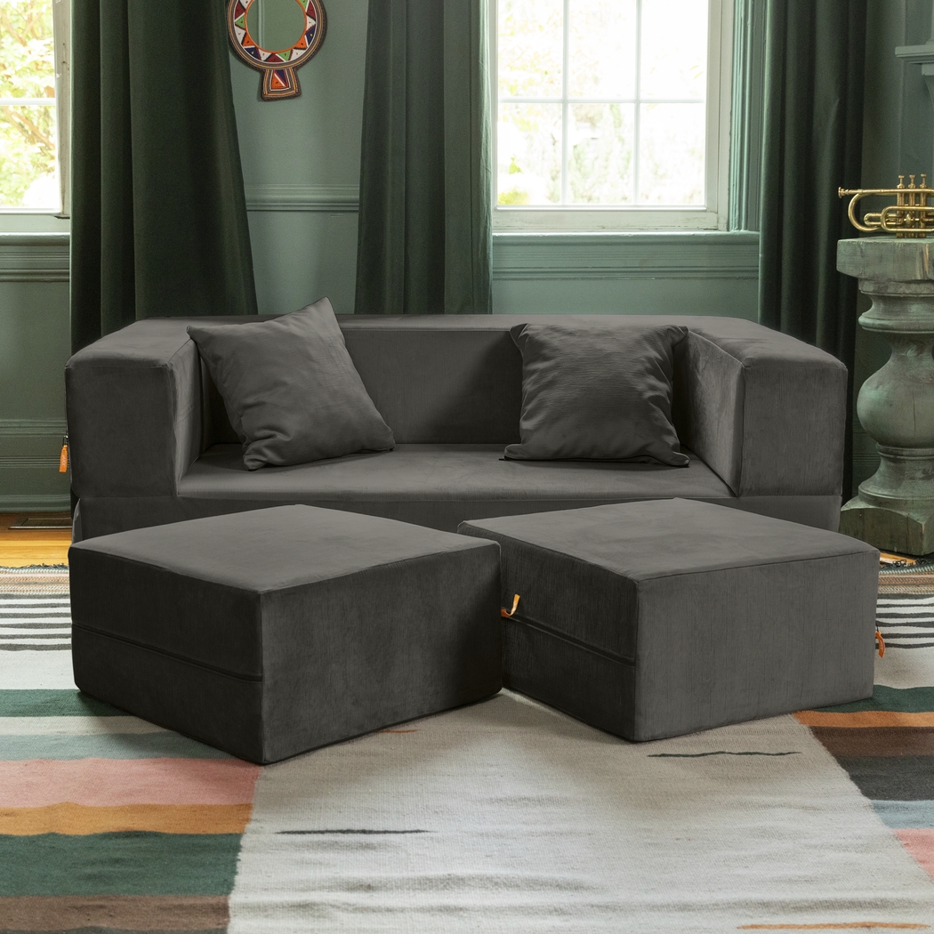 Kids Alfy Charcoal Loveseat and Ottomans, Set of 3 - Thumbnail - Image 2