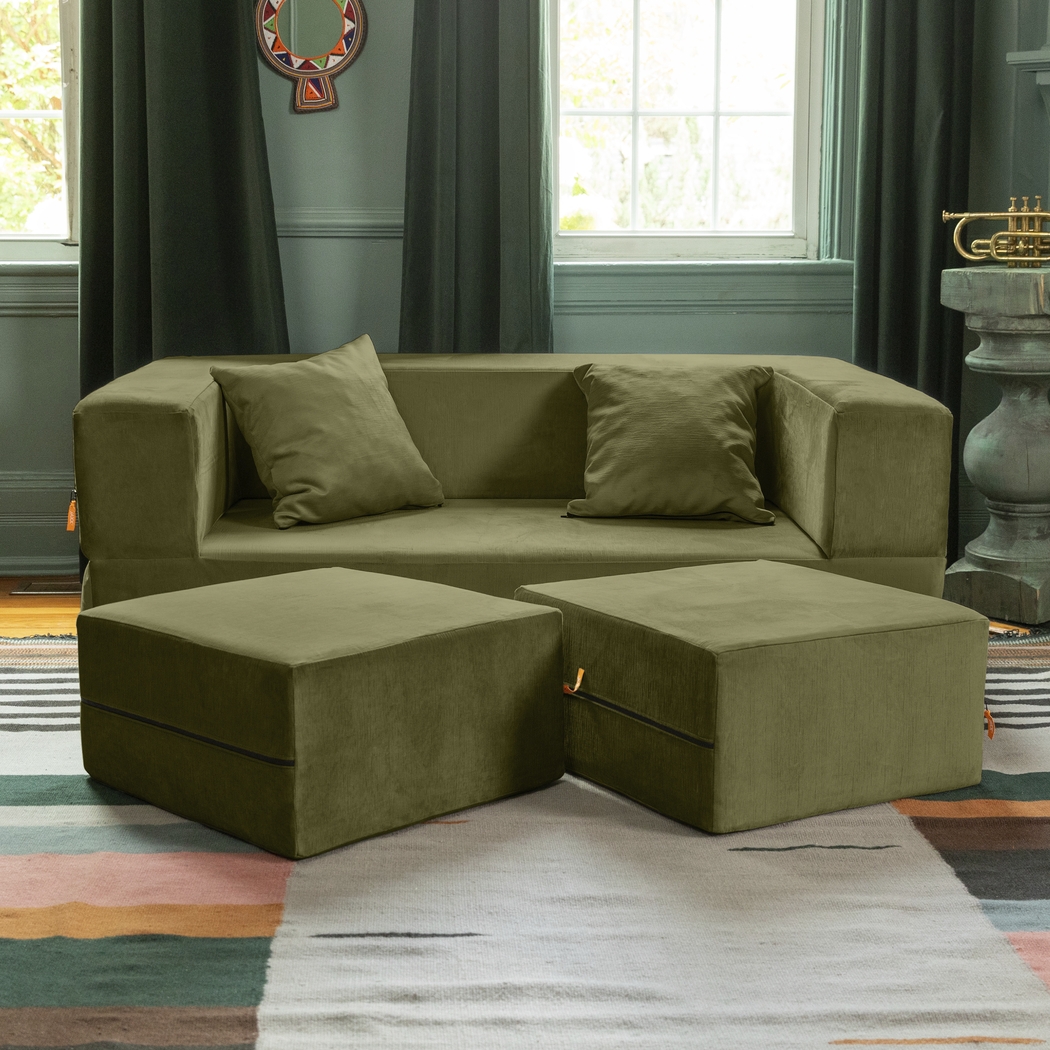 Kids Alfy Green Loveseat & Ottomans, Set of 3 - Thumbnail - Image 2