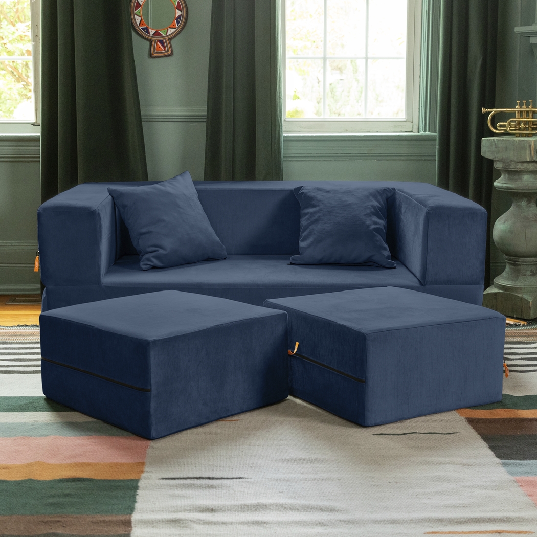 Kids Alfy Indigo Loveseat & Ottomans, Set of 3 - Thumbnail - Image 2