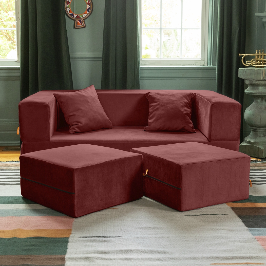 Kids Alfy Red Loveseat & Ottomans, Set of 3 - Thumbnail - Image 2
