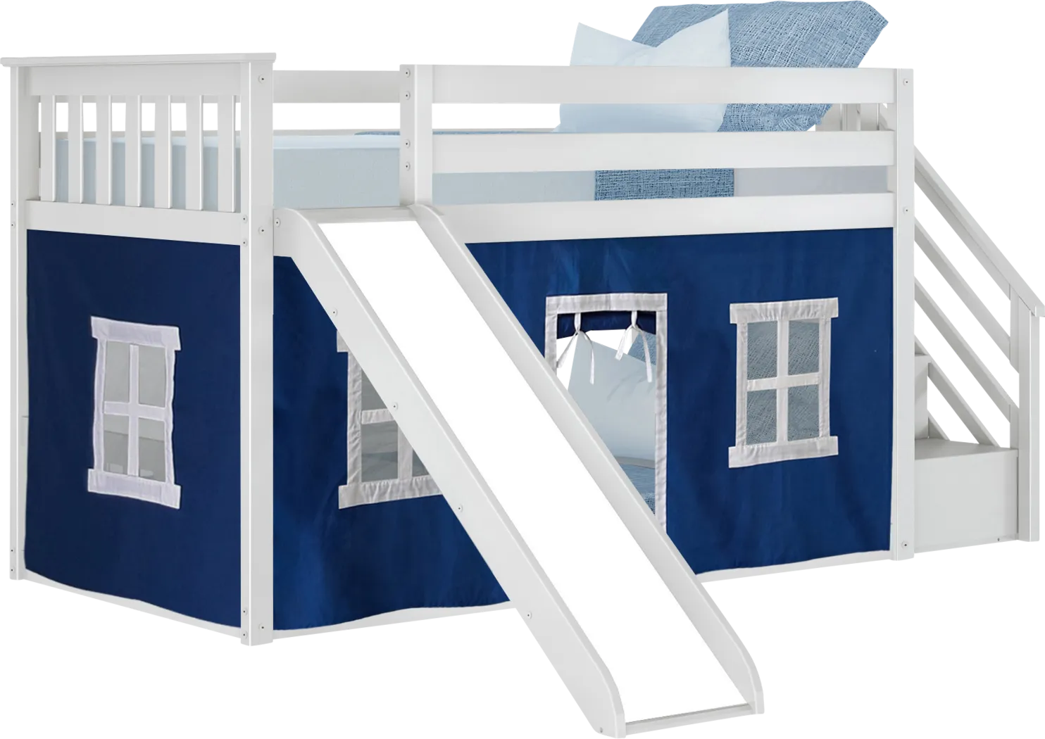 Kids Alwaes White Twin/Twin Low Bunk Bed with Slide and Blue Tent - Thumbnail - Image 2