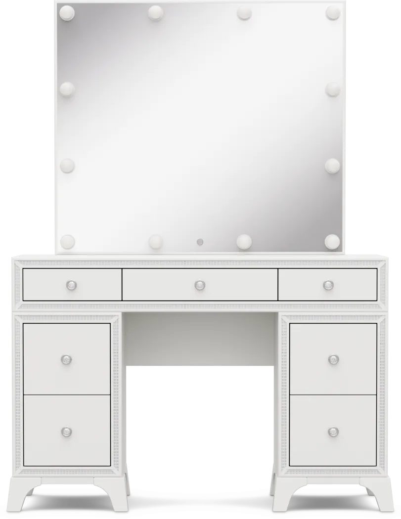 Kids Alyssa White Double Pedestal Vanity with Hollywood Mirror - Thumbnail - Image 1