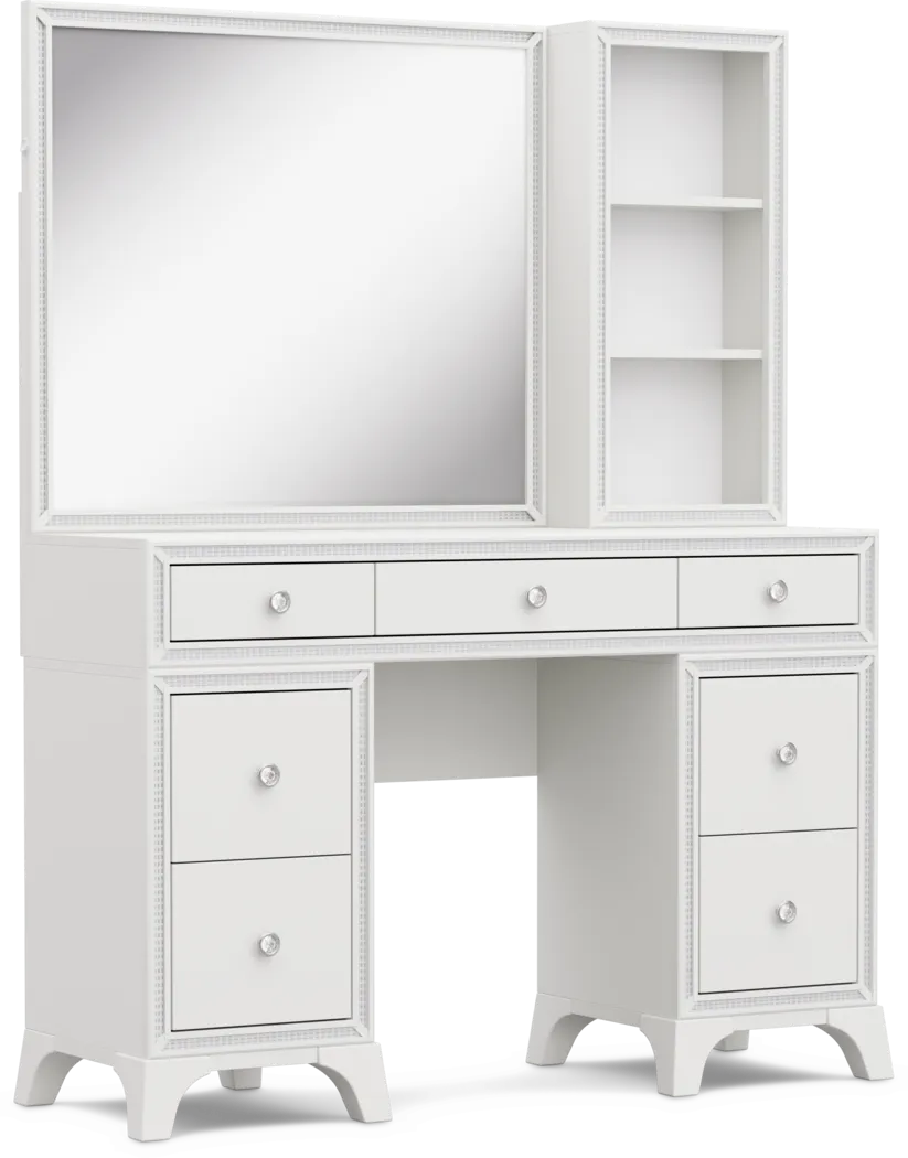 Kids Alyssa White Double Pedestal Vanity with Hutch and Small Sparkle Mirror - Thumbnail - Image 2