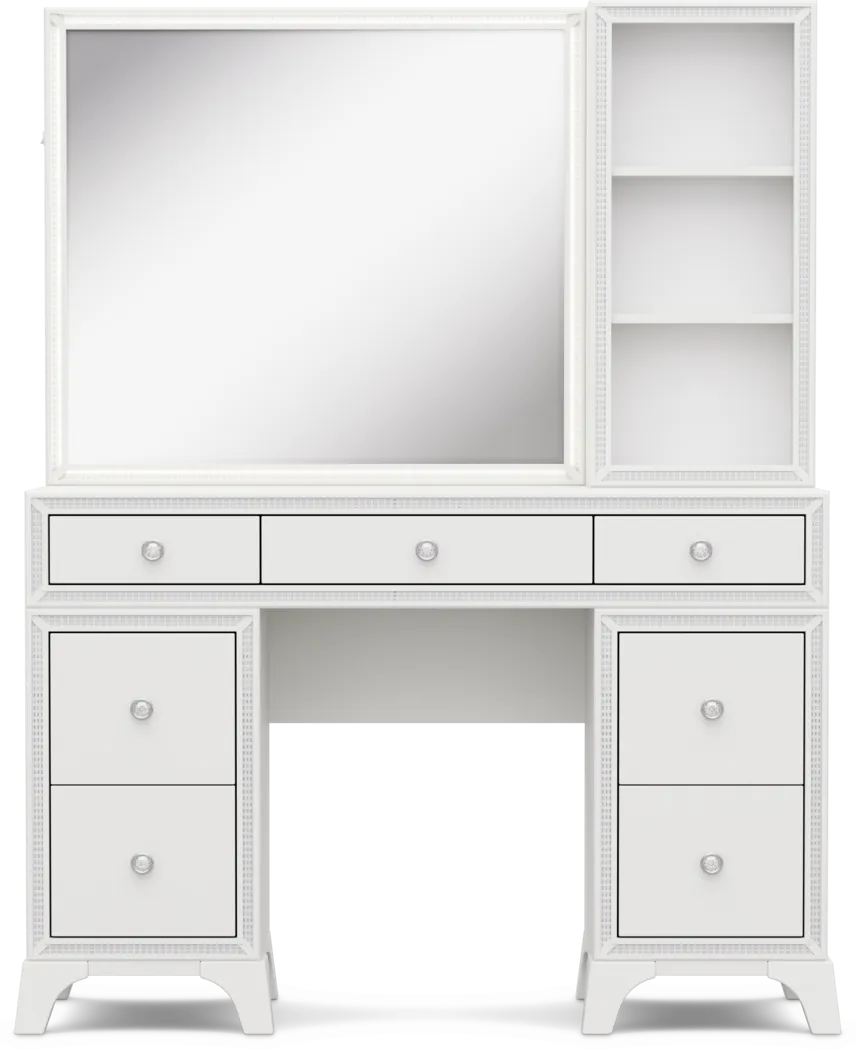 Kids Alyssa White Double Pedestal Vanity with Hutch and Small Sparkle Mirror - Thumbnail - Image 3
