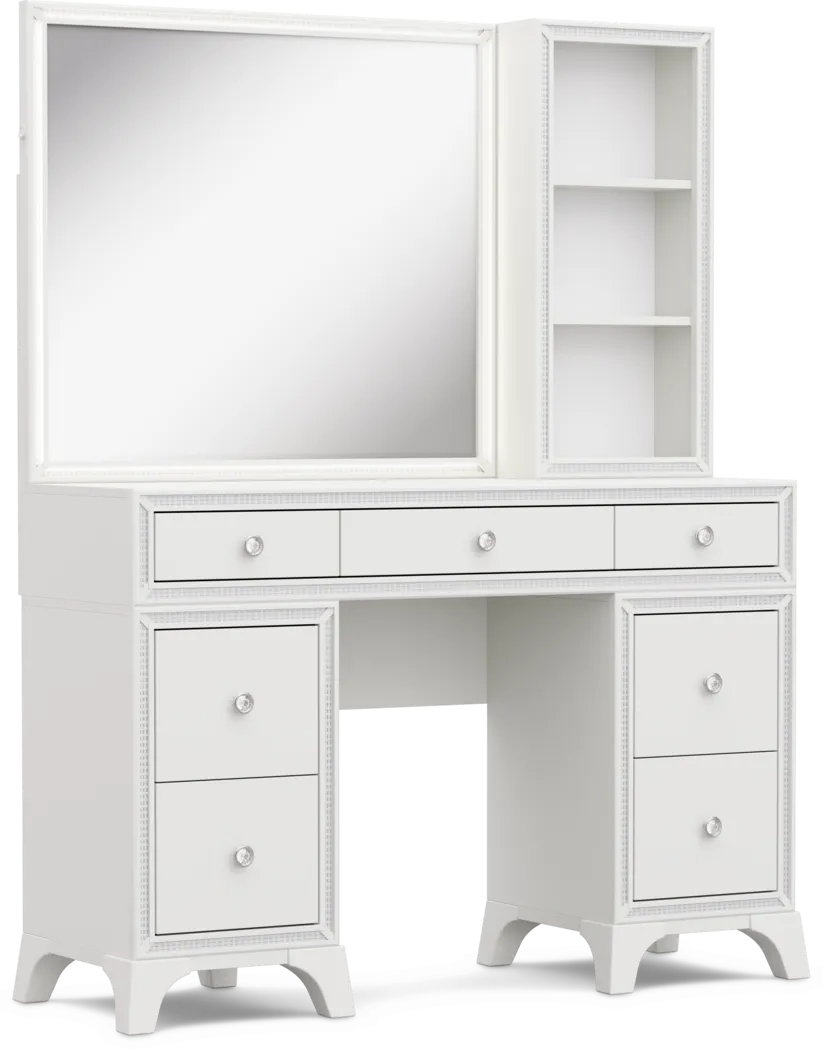 Kids Alyssa White Double Pedestal Vanity with Hutch and Small Sparkle Mirror - Thumbnail - Image 4
