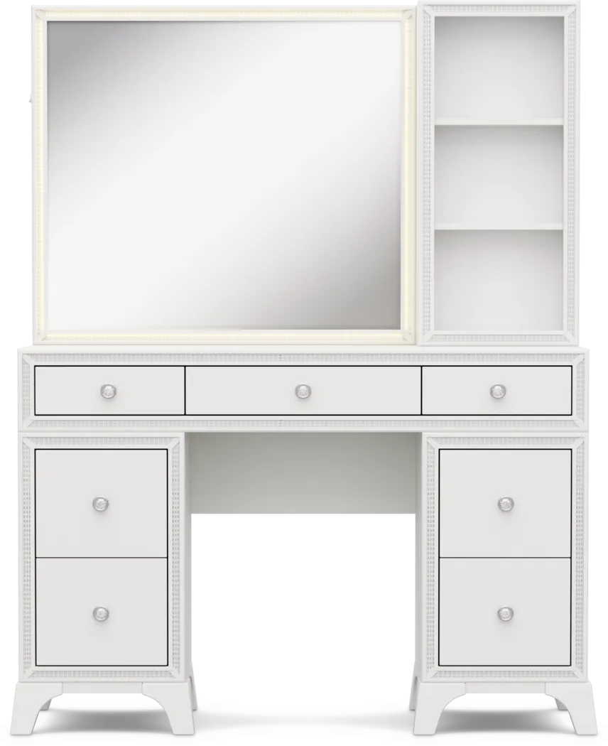 Kids Alyssa White Double Pedestal Vanity with Hutch and Small Sparkle Mirror - Image 5