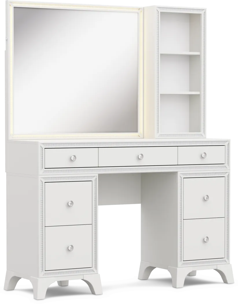 Kids Alyssa White Double Pedestal Vanity with Hutch and Small Sparkle Mirror - Image 6