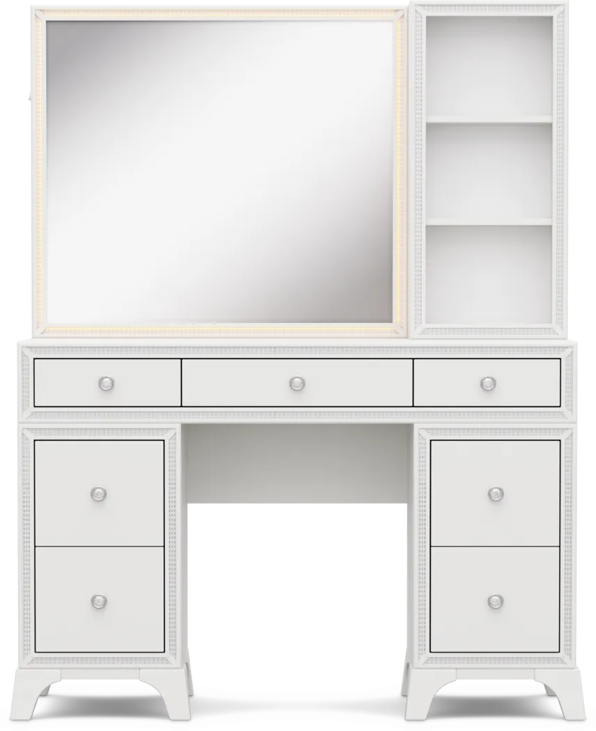 Kids Alyssa White Double Pedestal Vanity with Hutch and Small Sparkle Mirror - Image 7