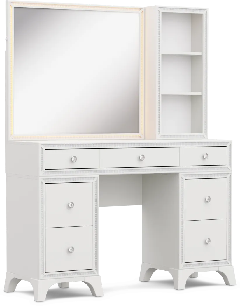 Kids Alyssa White Double Pedestal Vanity with Hutch and Small Sparkle Mirror - Image 8