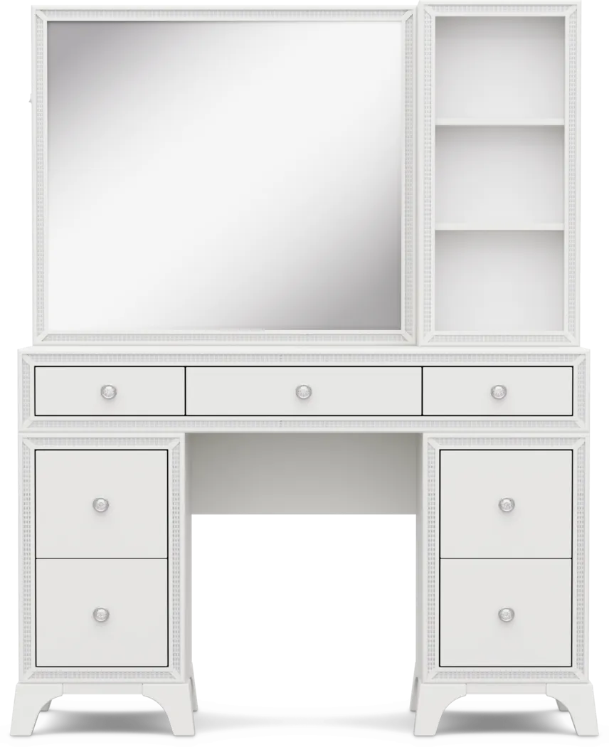 Kids Alyssa White Double Pedestal Vanity with Hutch and Small Sparkle Mirror - Thumbnail - Image 1