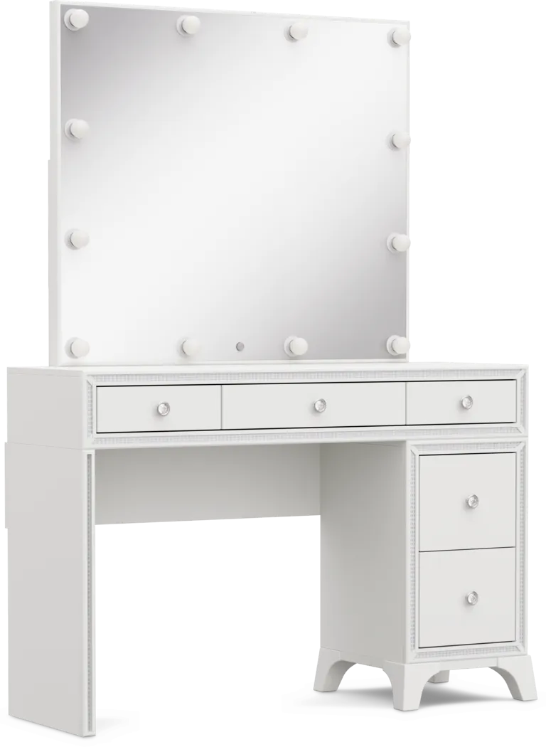 Kids Alyssa White Single Pedestal Vanity with Hollywood Mirror - Thumbnail - Image 2