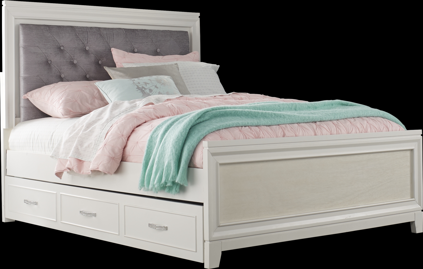 Kids Amelia White 4 Pc Twin Upholstered Bed with Twin Storage Trundle - Thumbnail - Image 2