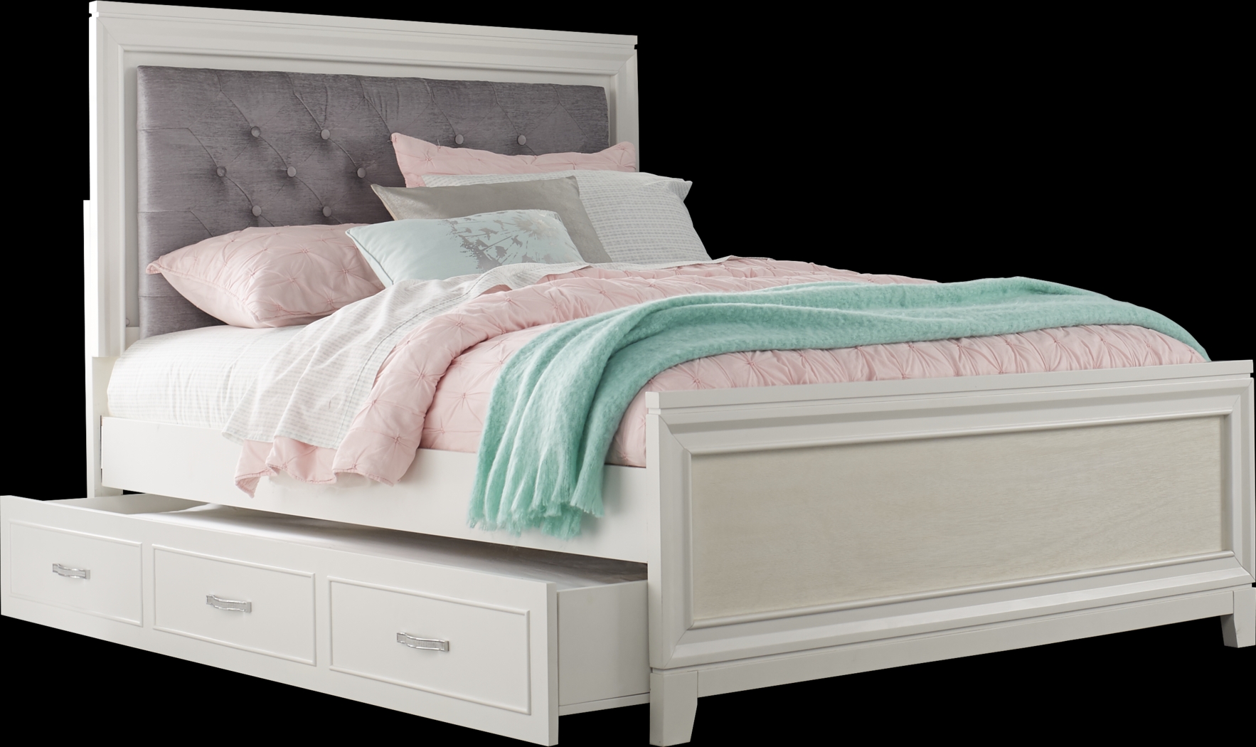 Kids Amelia White 4 Pc Twin Upholstered Bed with Twin Storage Trundle - Thumbnail - Image 1