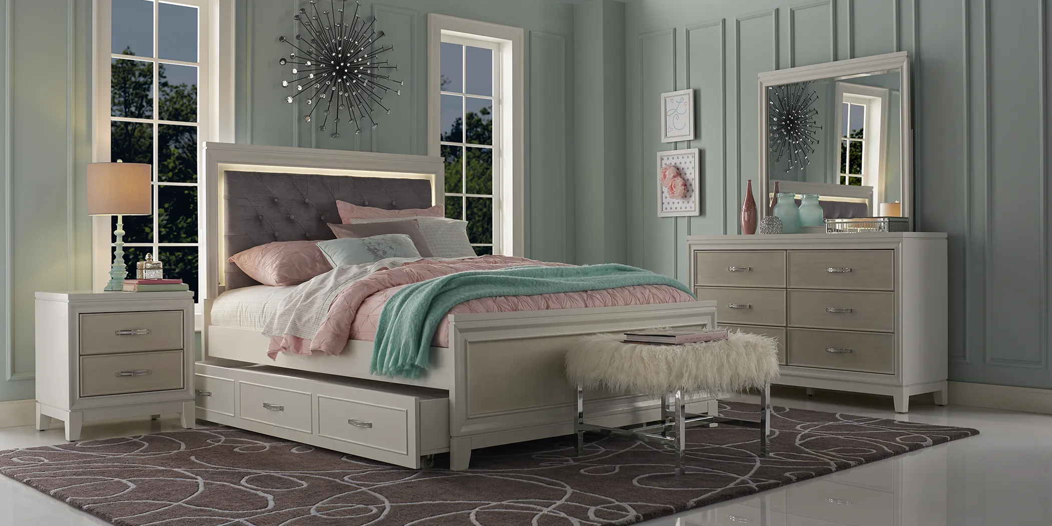 Kids Amelia White 6 Pc Twin Upholstered Bedroom with Twin Storage Trundle - Thumbnail - Image 2