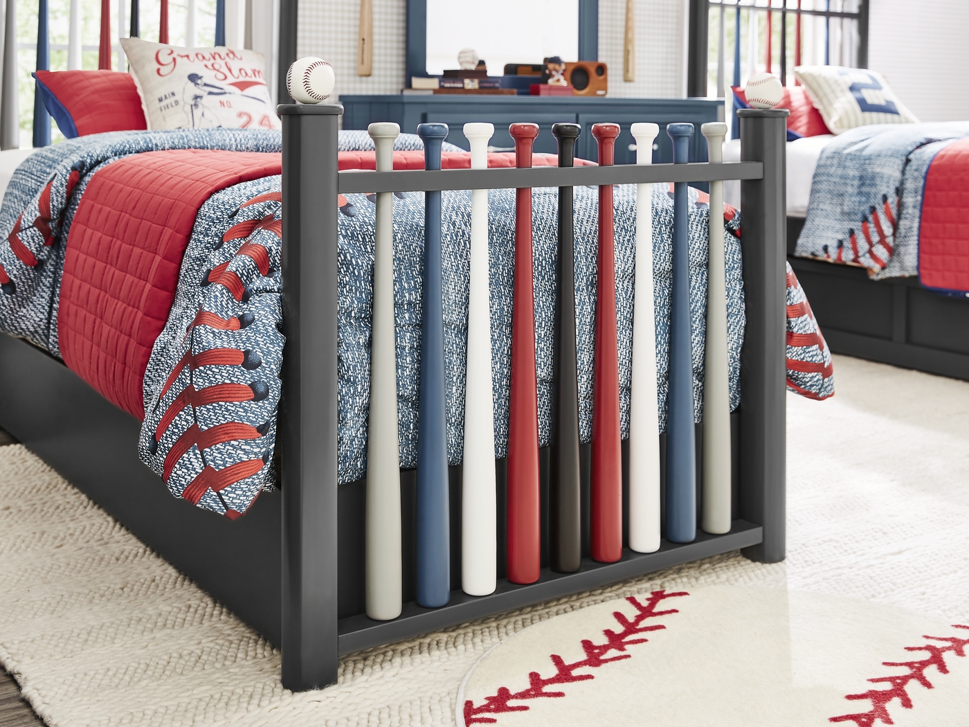 Kids Cottage Colors Navy Bedroom with 2 Batter Up Painted Twin Baseball Bat Beds - Thumbnail - Image 5
