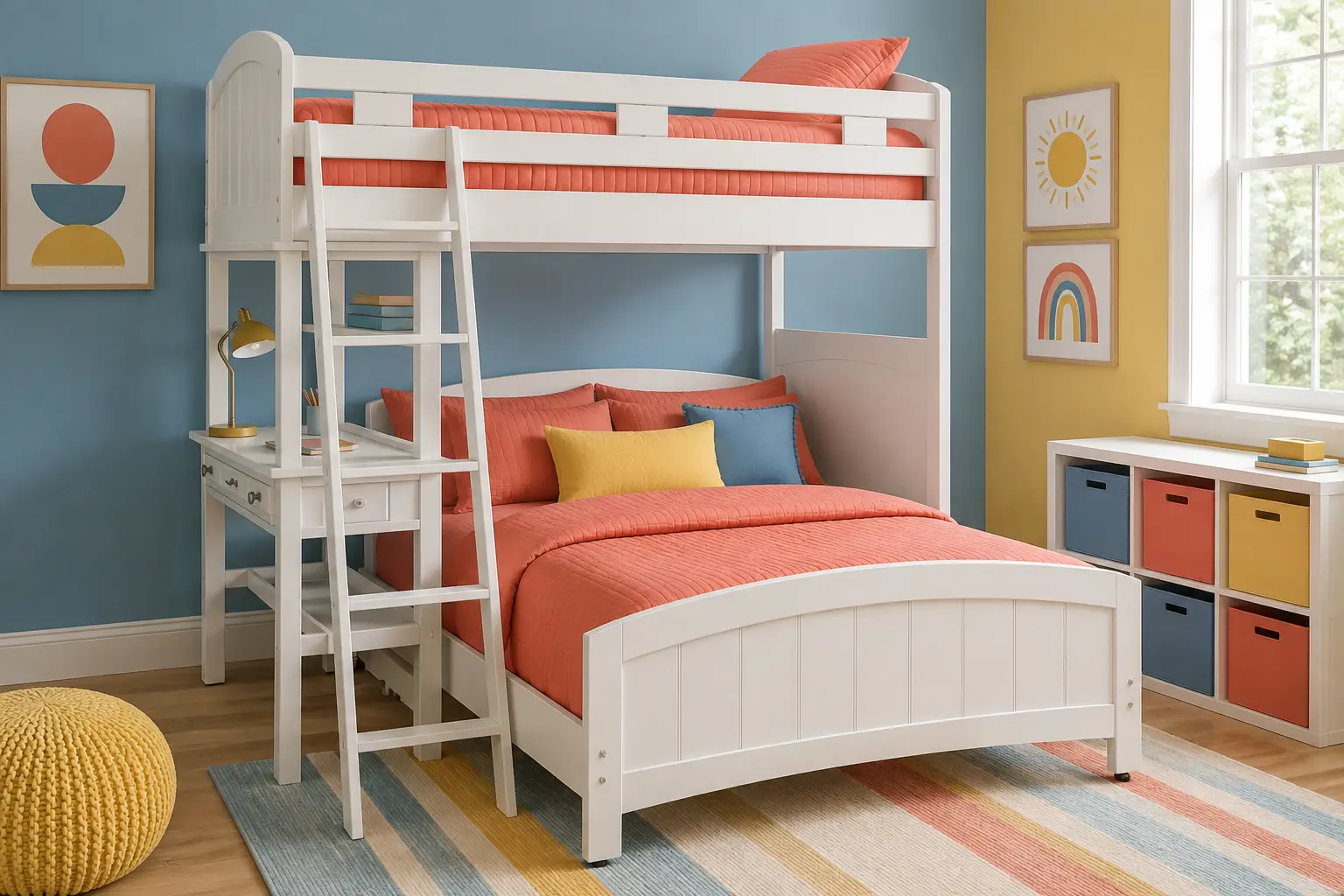 A white loft bunk bed with a built-in desk, featuring coral bedding, in a room with blue and yellow walls.