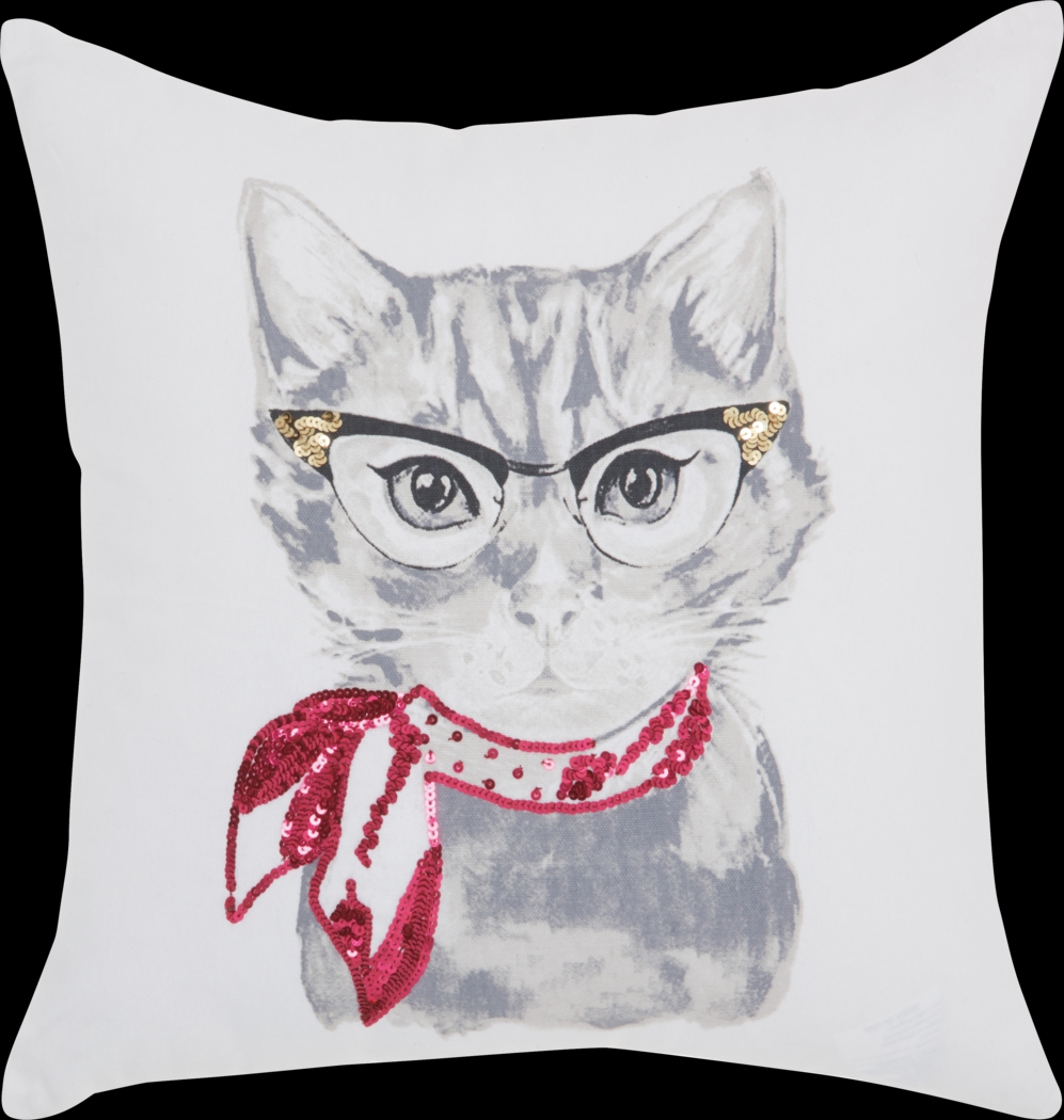 Kids Bespectacled Cat White Accent Pillow - Thumbnail - Image 1