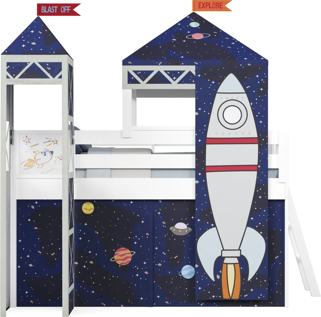 Kids Blast Off White Twin Loft Bed with Activity Panel, Tower and Tent - Thumbnail - Image 3
