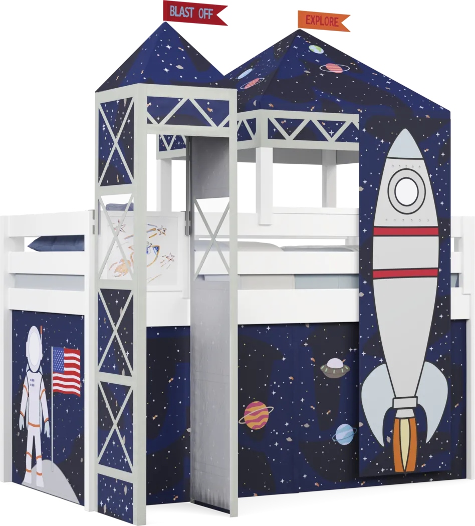 Kids Blast Off White Twin Loft Bed with Activity Panel, Tower and Tent - Thumbnail - Image 1