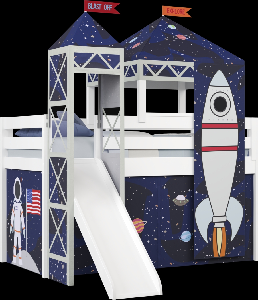 Kids Blast Off White Twin Loft Bed with Tower, Tent and Slide - Thumbnail - Image 1