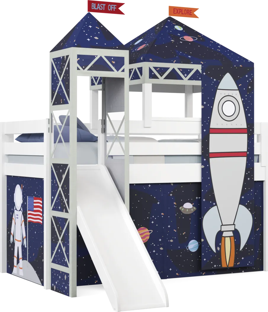 Kids Blast Off White Twin Loft Bed with Tower, Tent and Slide - Thumbnail - Image 1