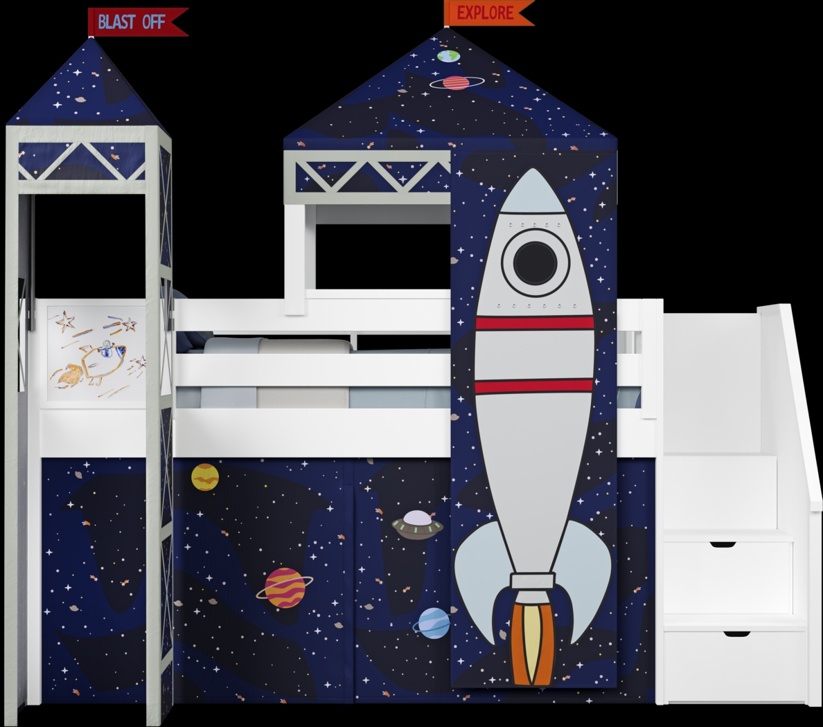 Kids Blast Off White Twin Step Loft Bed with Activity Panel, Tower and Tent - Thumbnail - Image 3