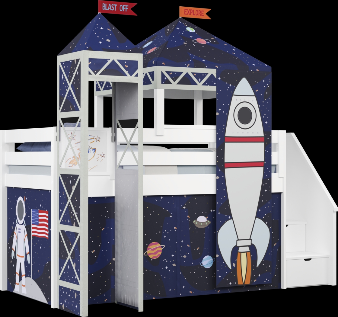 Kids Blast Off White Twin Step Loft Bed with Activity Panel, Tower and Tent - Thumbnail - Image 1