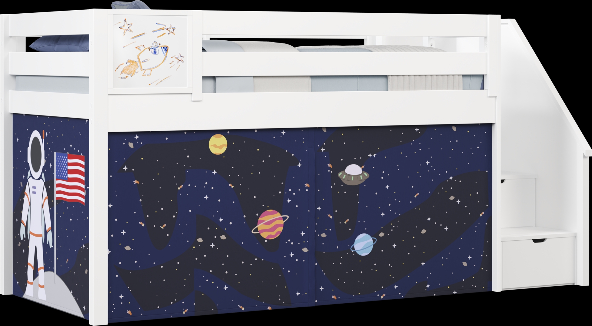 Kids Blast Off White Twin Step Loft Bed with Activity Panel - Thumbnail - Image 1