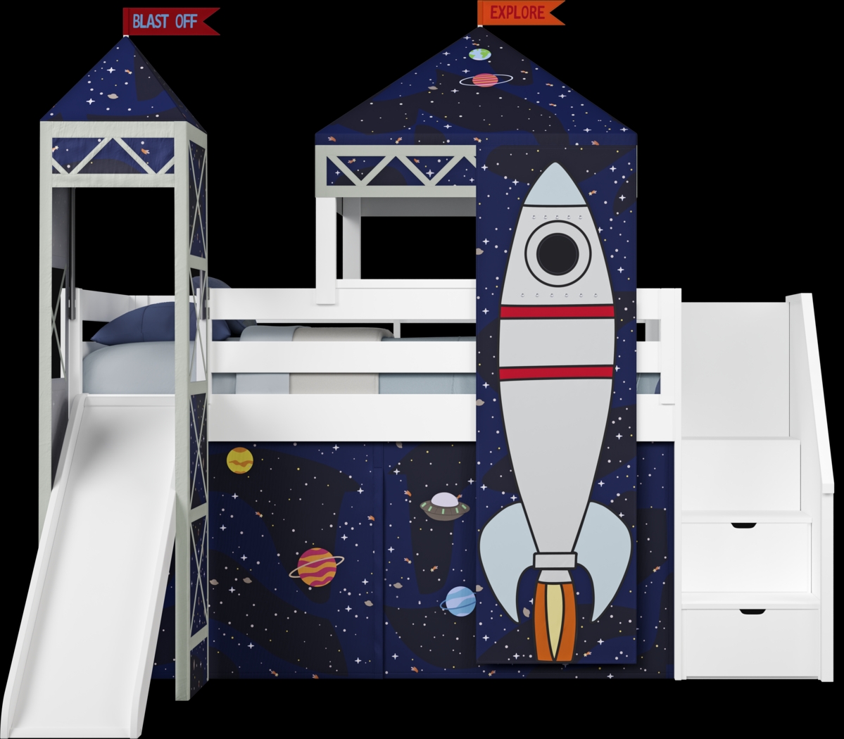 Kids Blast Off White Twin Step Loft Bed with Tower, Tent and Slide - Thumbnail - Image 3