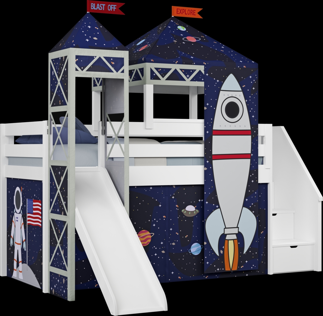 Kids Blast Off White Twin Step Loft Bed with Tower, Tent and Slide - Thumbnail - Image 1