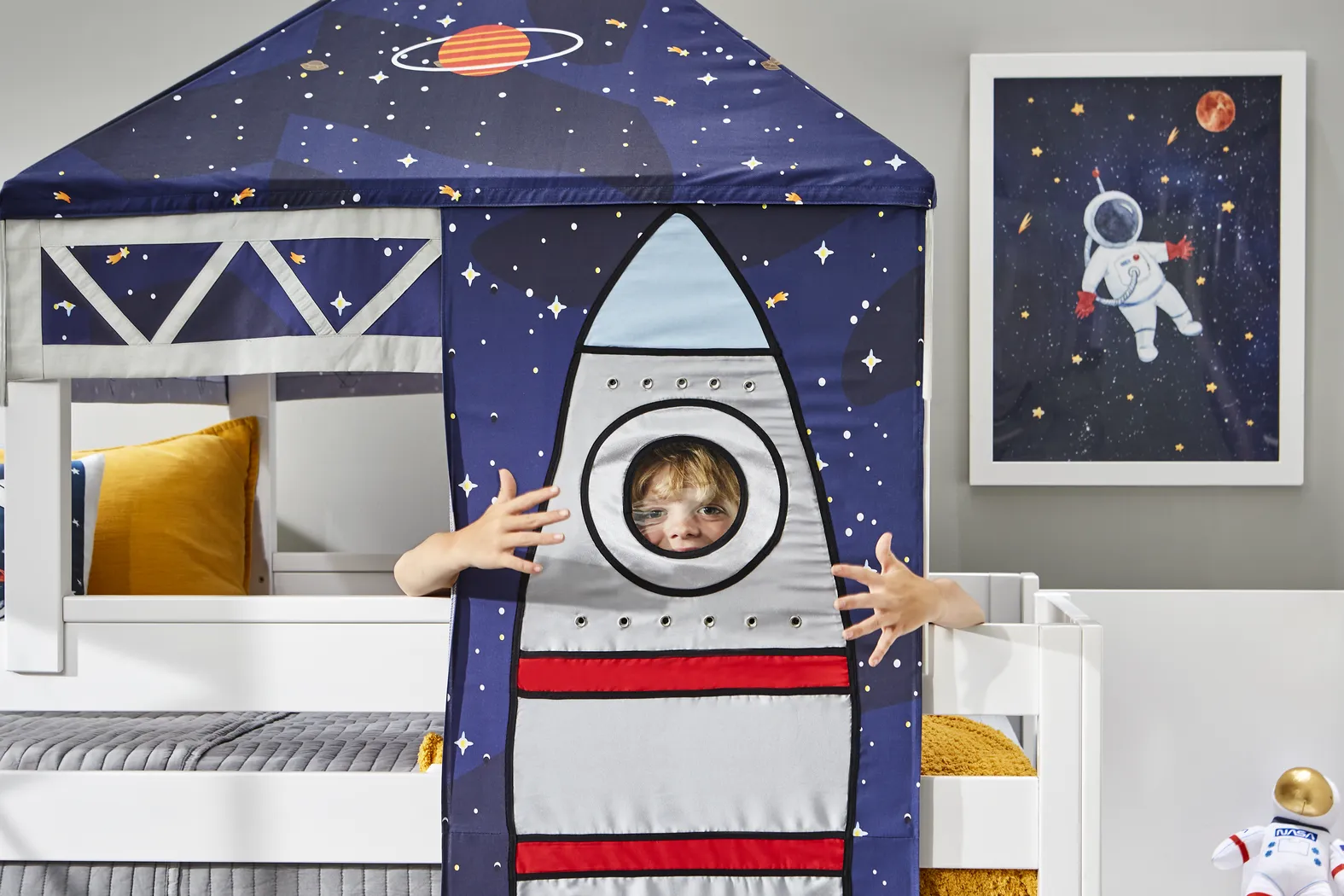 Kids Blast Off White Twin Step Loft Bed with Tower, Tent and Slide - Image 6