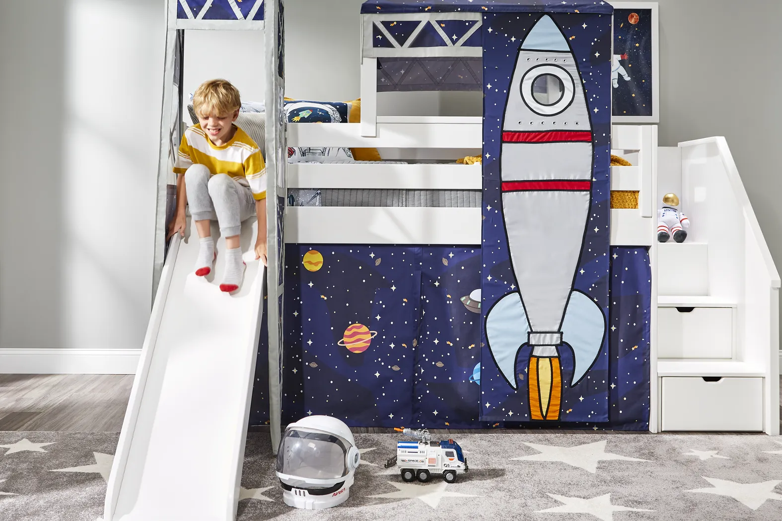 Kids Blast Off White Twin Step Loft Bed with Tower, Tent and Slide - Image 7