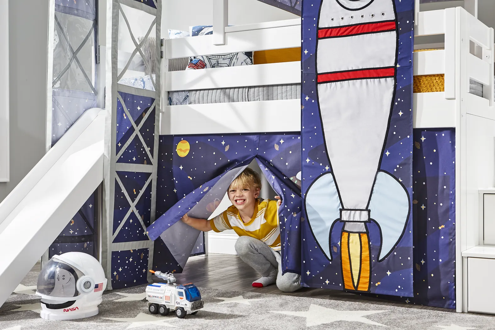 Kids Blast Off White Twin Step Loft Bed with Tower, Tent and Slide - Image 8