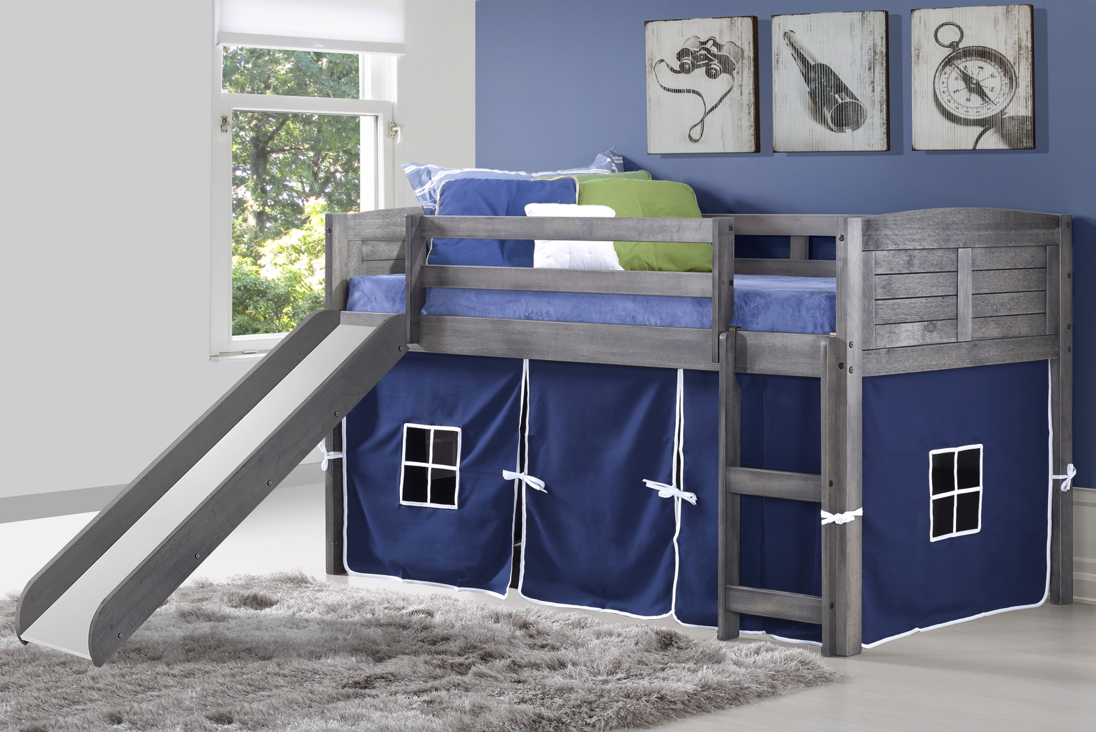 Kids Camp Hideaway Gray Twin Jr, Loft Bed with Blue Tent and Slide - Thumbnail - Image 3