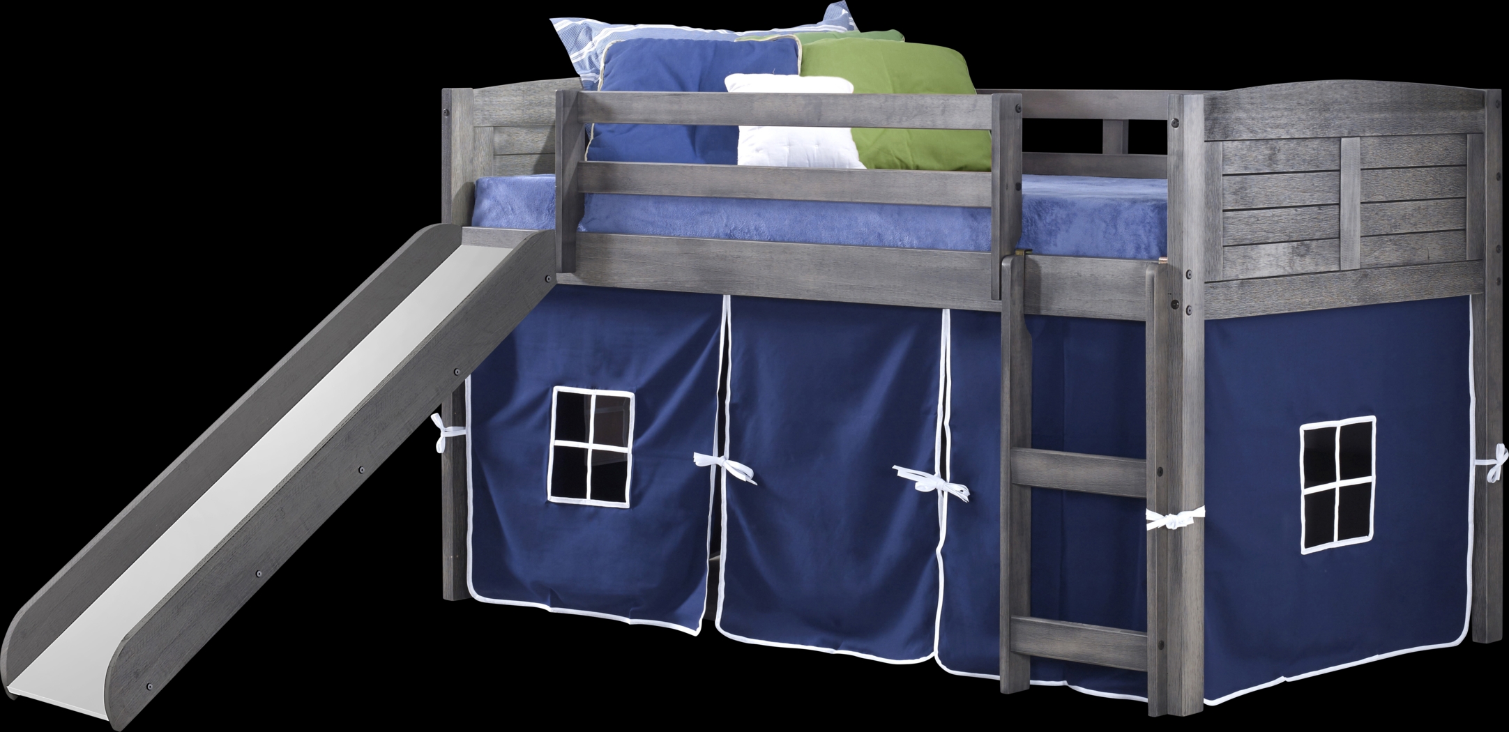 Kids Camp Hideaway Gray Twin Jr, Loft Bed with Blue Tent and Slide - Thumbnail - Image 1