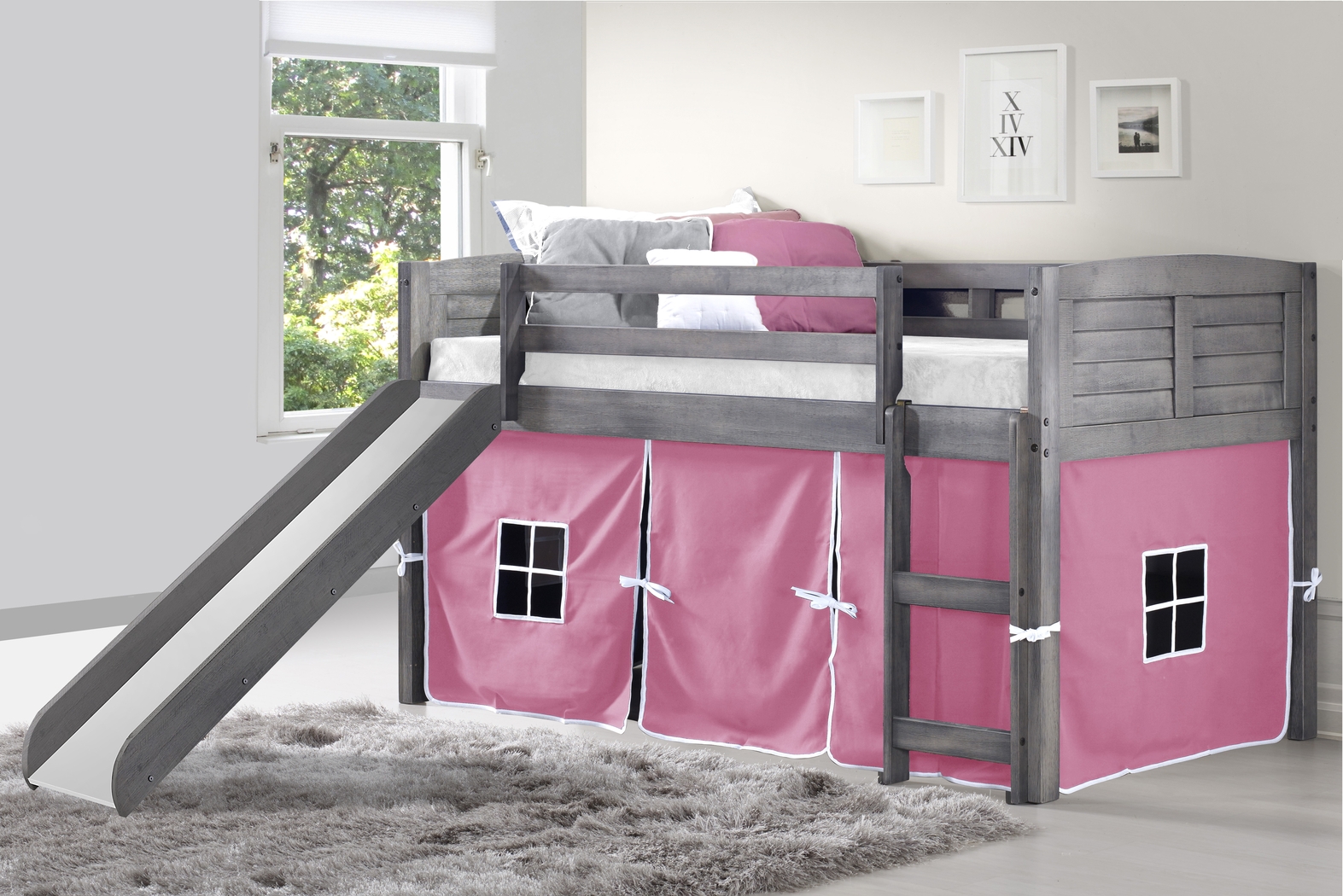 Kids Camp Hideaway Gray Twin Jr. Loft Bed with Pink Tent and Slide - Thumbnail - Image 3