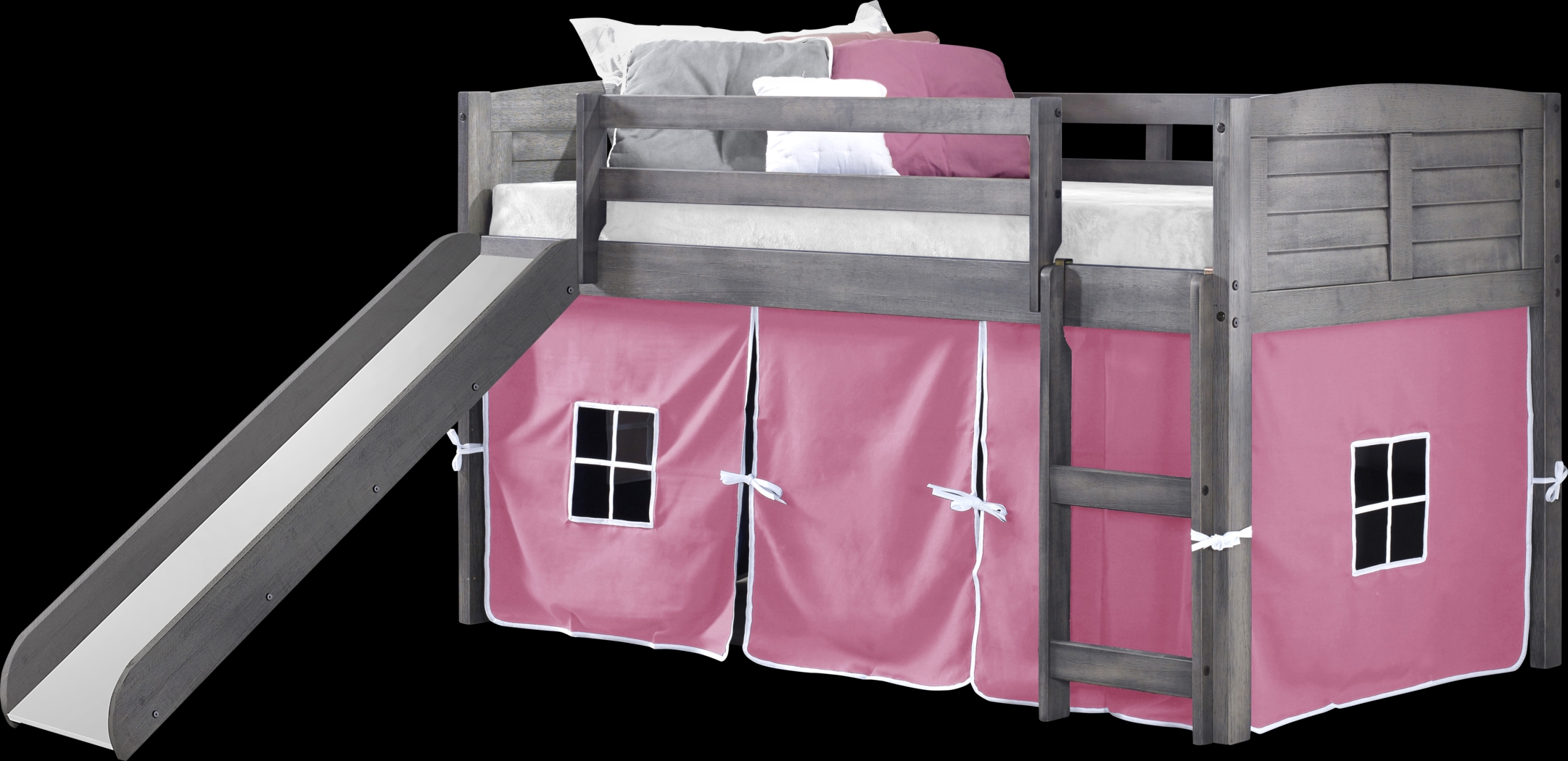 Kids Camp Hideaway Gray Twin Jr. Loft Bed with Pink Tent and Slide - Thumbnail - Image 1