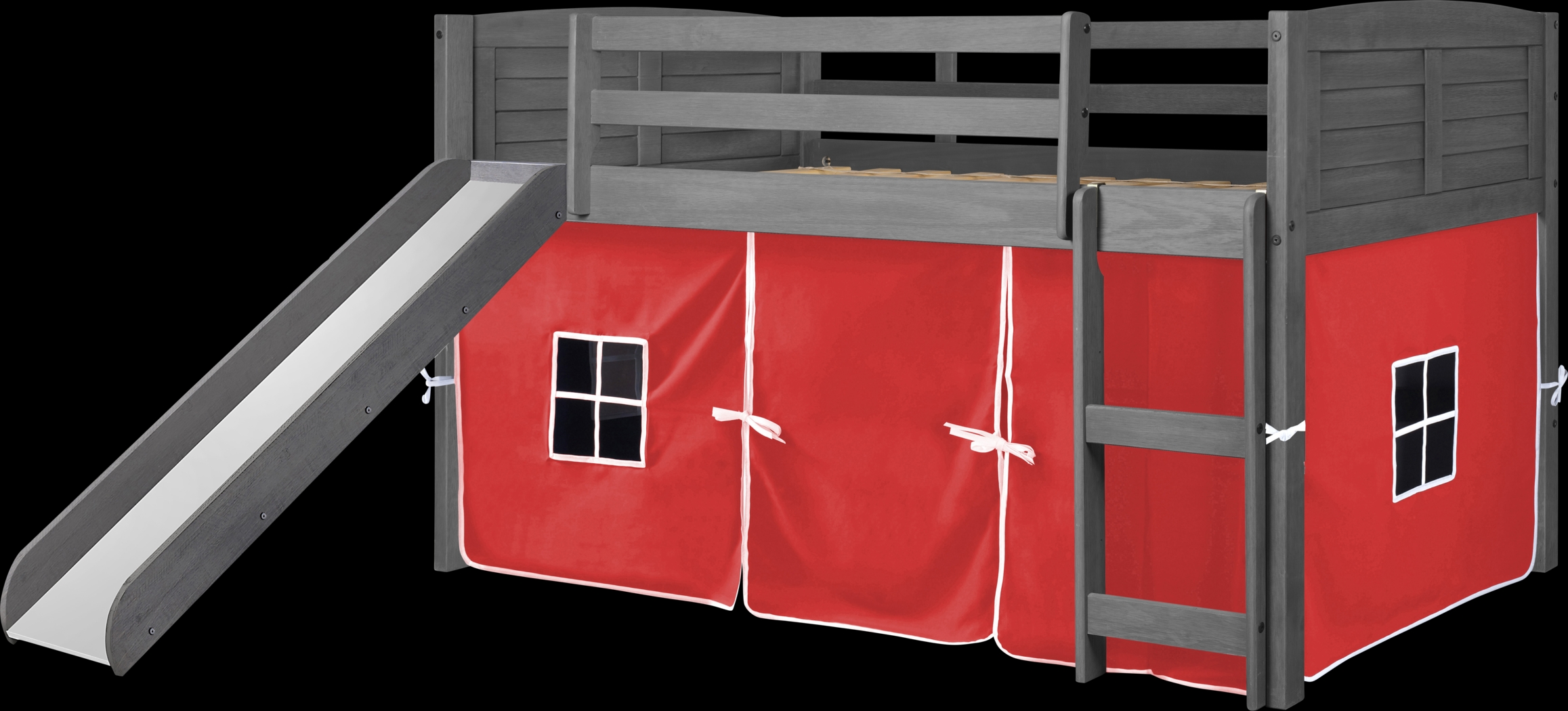Kids Camp Hideaway Gray Twin Jr. Loft Bed with Red Tent and Slide - Thumbnail - Image 2