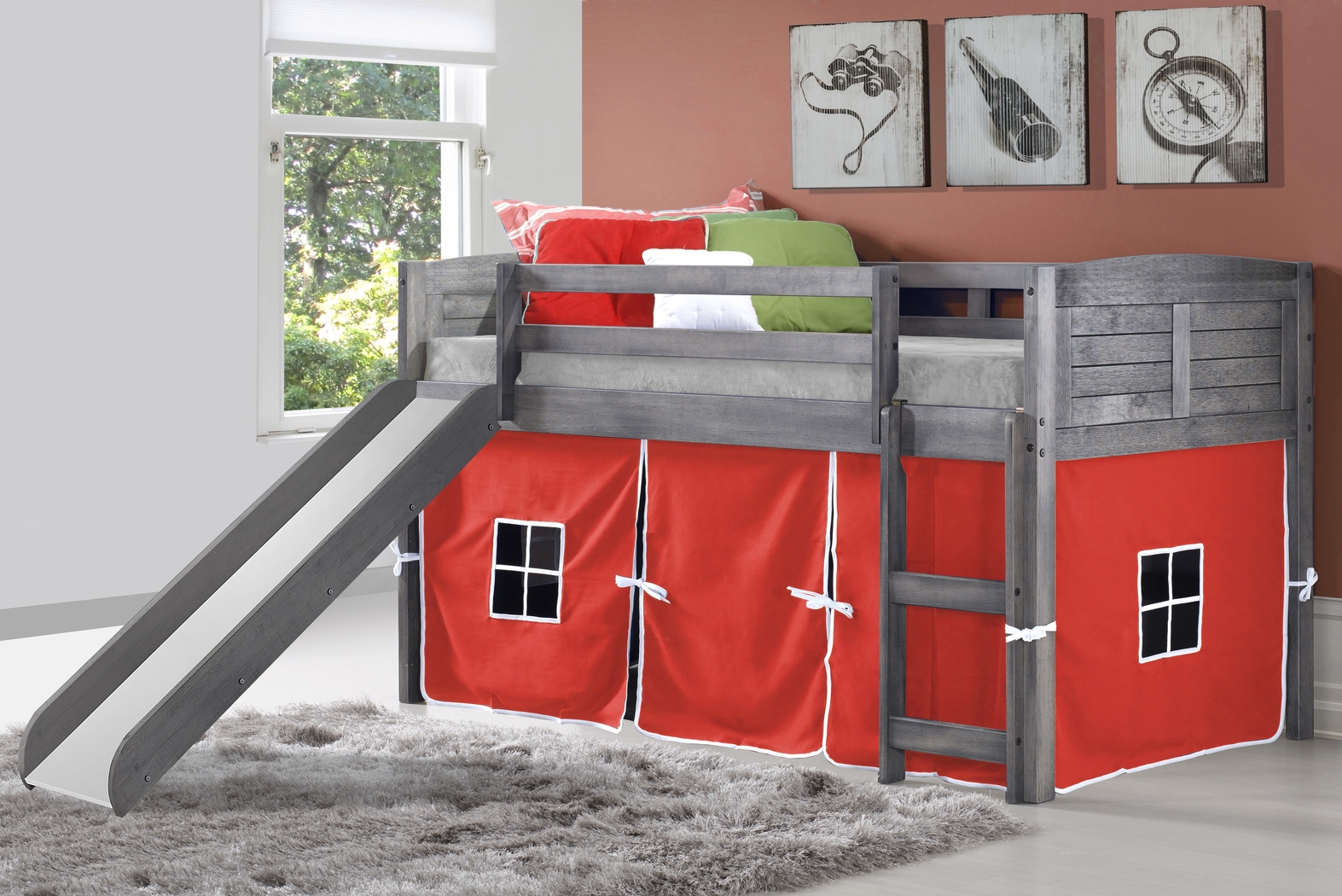 Kids Camp Hideaway Gray Twin Jr. Loft Bed with Red Tent and Slide - Thumbnail - Image 3