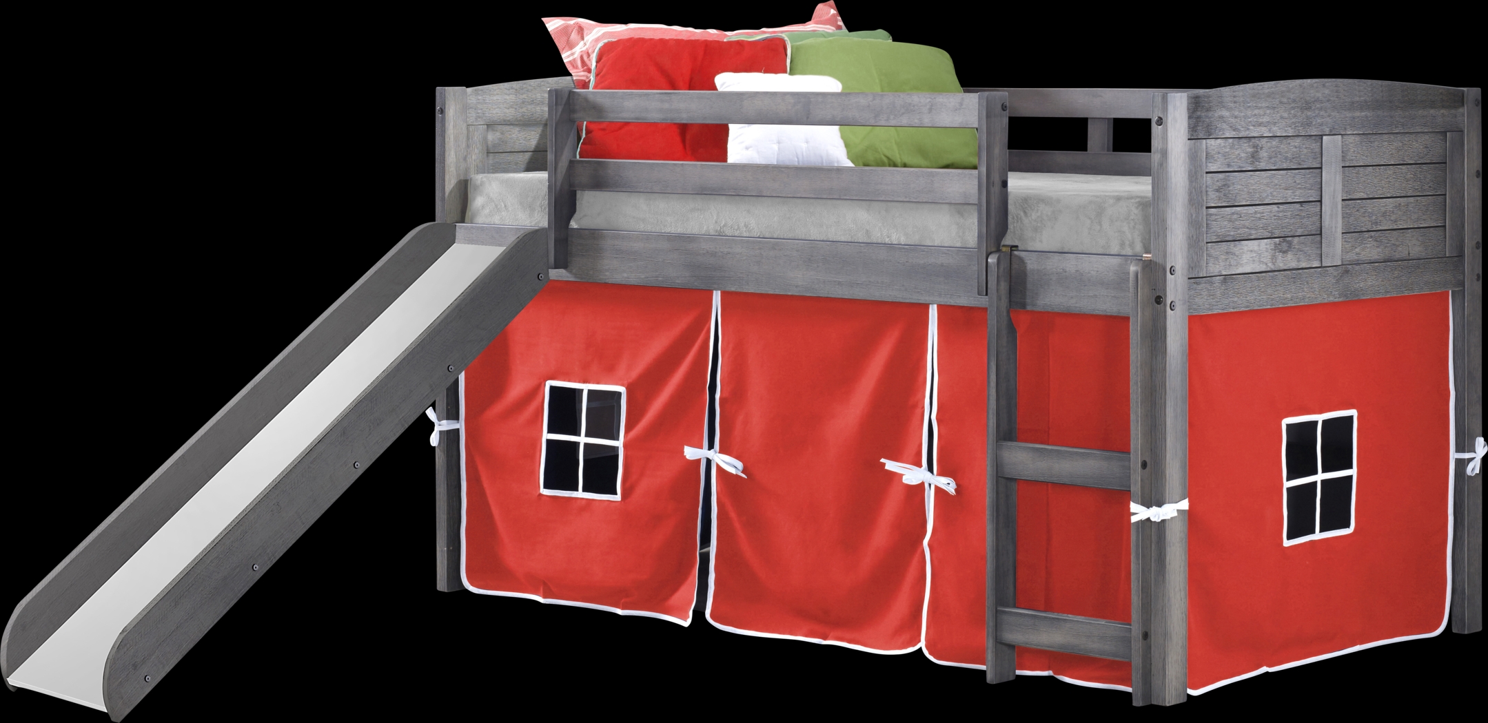 Kids Camp Hideaway Gray Twin Jr. Loft Bed with Red Tent and Slide - Thumbnail - Image 1