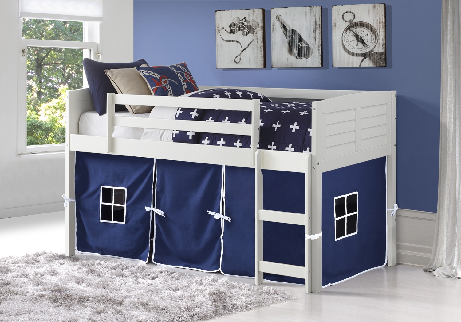 Kids Camp Hideaway White Twin Jr. Loft Bed with Blue Tent - Thumbnail - Image 1