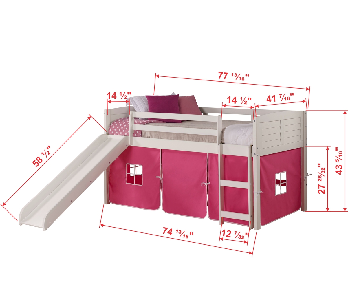 Kids Camp Hideaway White Twin Jr. Loft Bed with Pink Tent and Slide - Thumbnail - Image 4