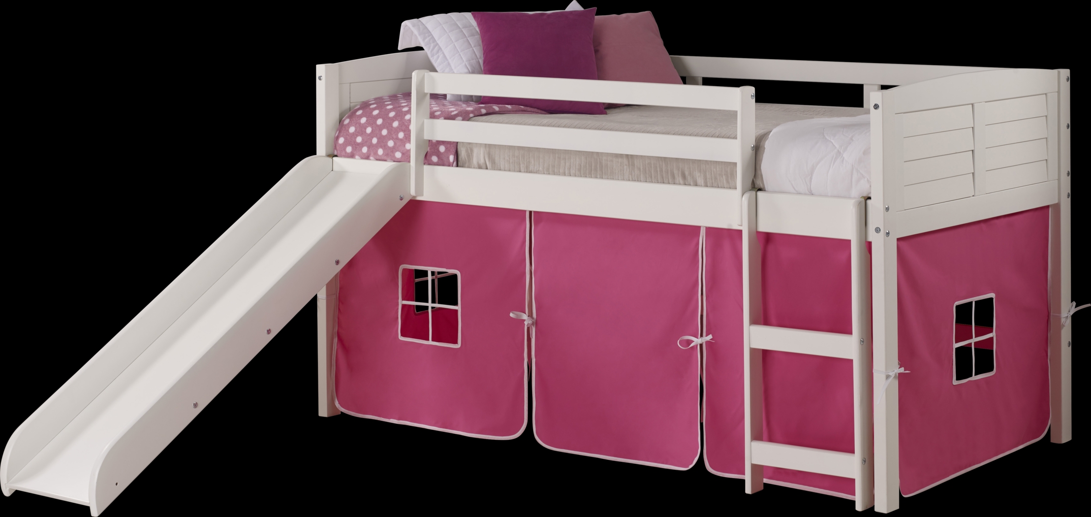 Kids Camp Hideaway White Twin Jr. Loft Bed with Pink Tent and Slide - Thumbnail - Image 1